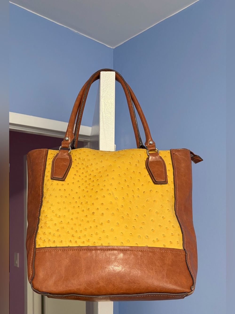 Two-Tone Faux Leather Tote with Yellow Embossed Front Panel